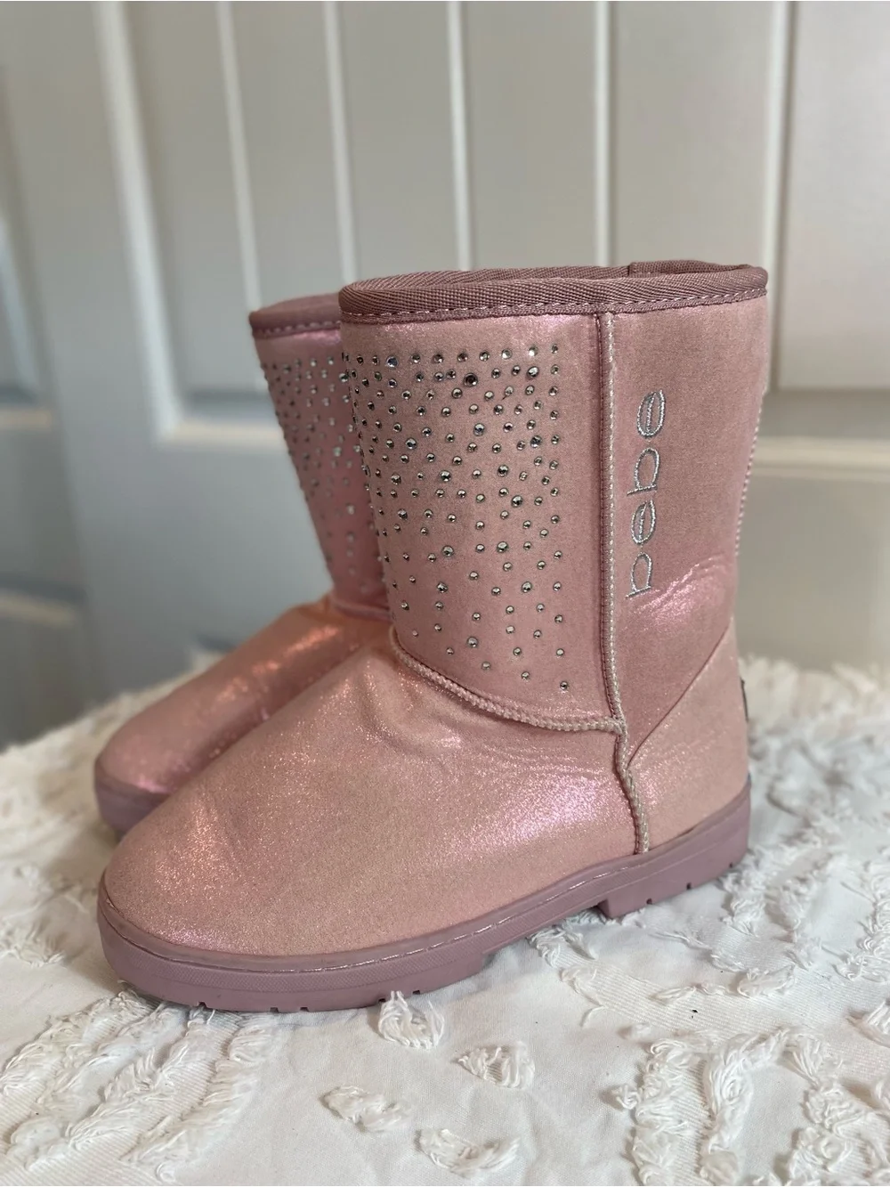 bebe Shimmery Pink Mid-Calf Girls' Boots with Rhinestones